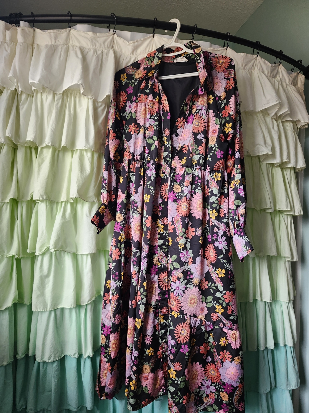 Black Floral Button-Front Maxi Dress with Pink and Coral Blooms